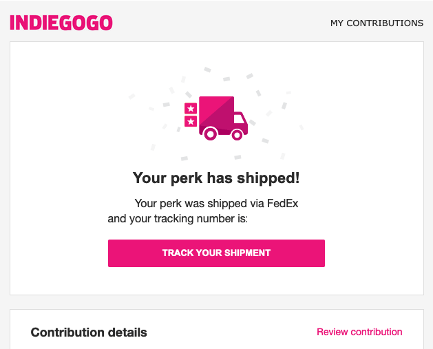Indiegogoの発送通知